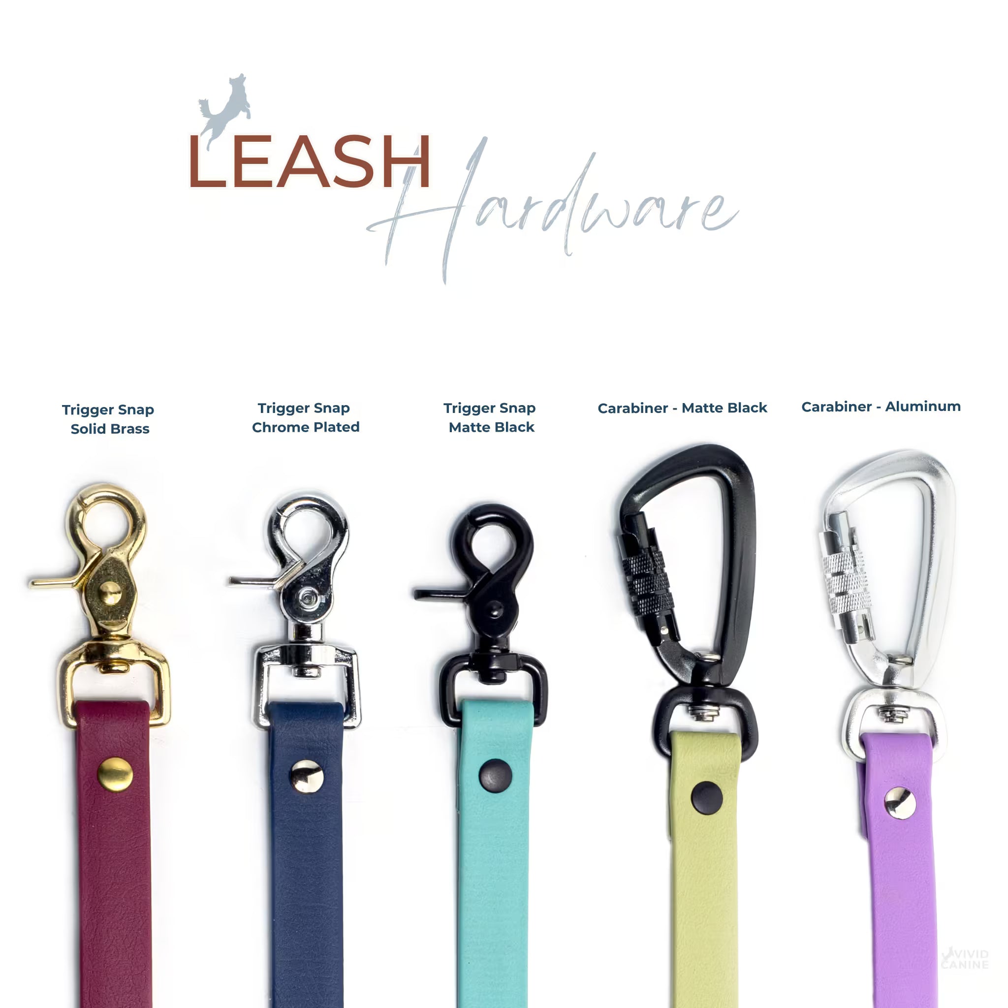 BioThane leash hardware in brass, chrome, and matte black finishes on white background