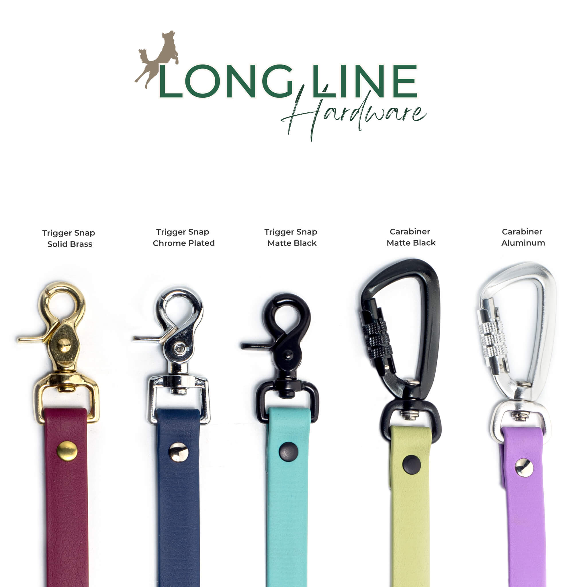 BioThane leash hardware in brass, chrome, and matte black finishes on a white background