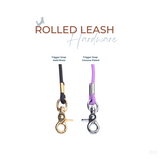 Two rolled leashes with trigger snaps with product details on a white background 