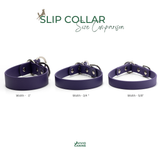 A size comparison chart for purple dog slip collars, showing three collars labeled Width - 1", Width - 3/4", and Width - 5/8" on a white background with the text 'SLIP COLLAR Size Comparison' and the Vivid Canine brand logo.