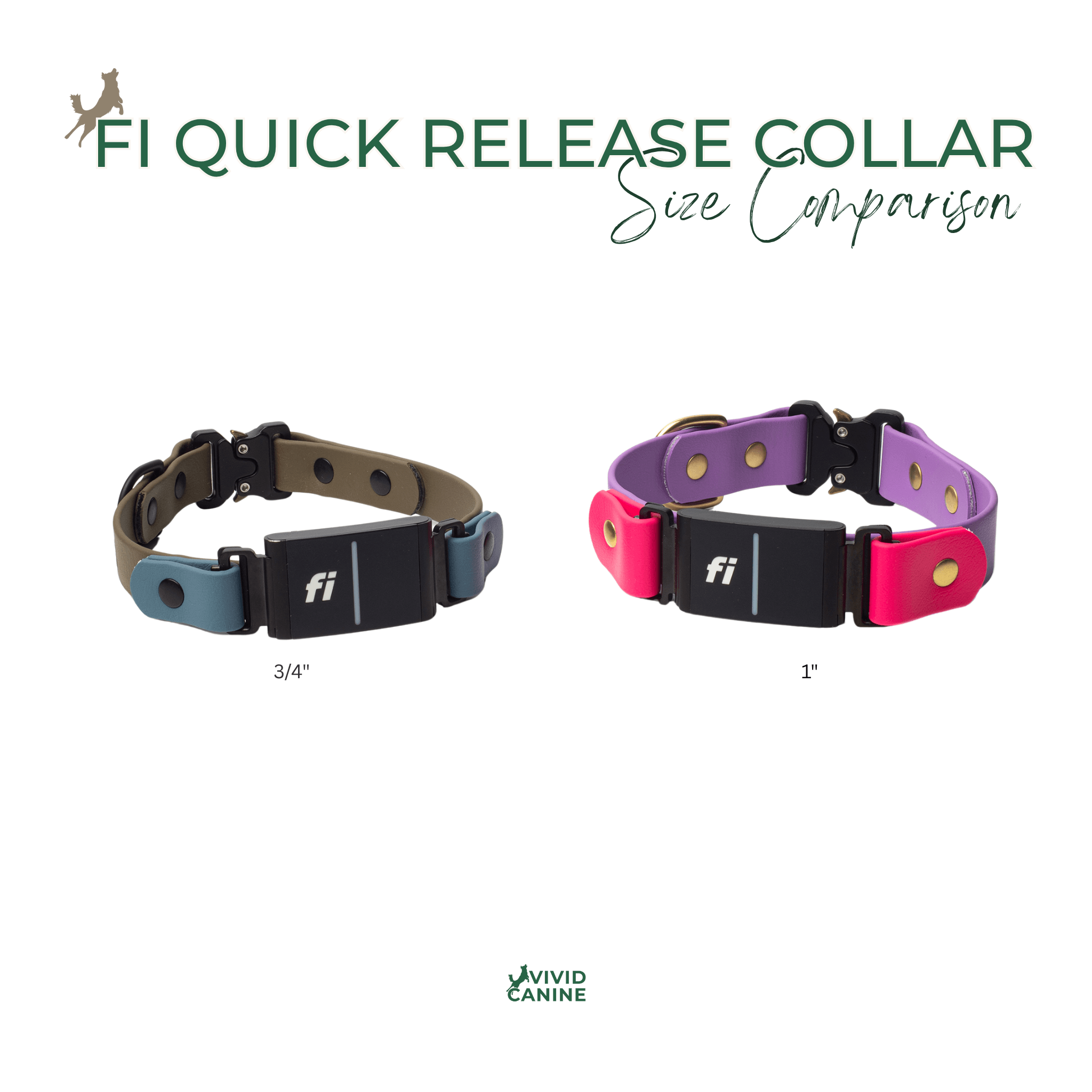 two different colored dog collars, one in a dark brown color and the other in a pink color, with size comparison information provided.