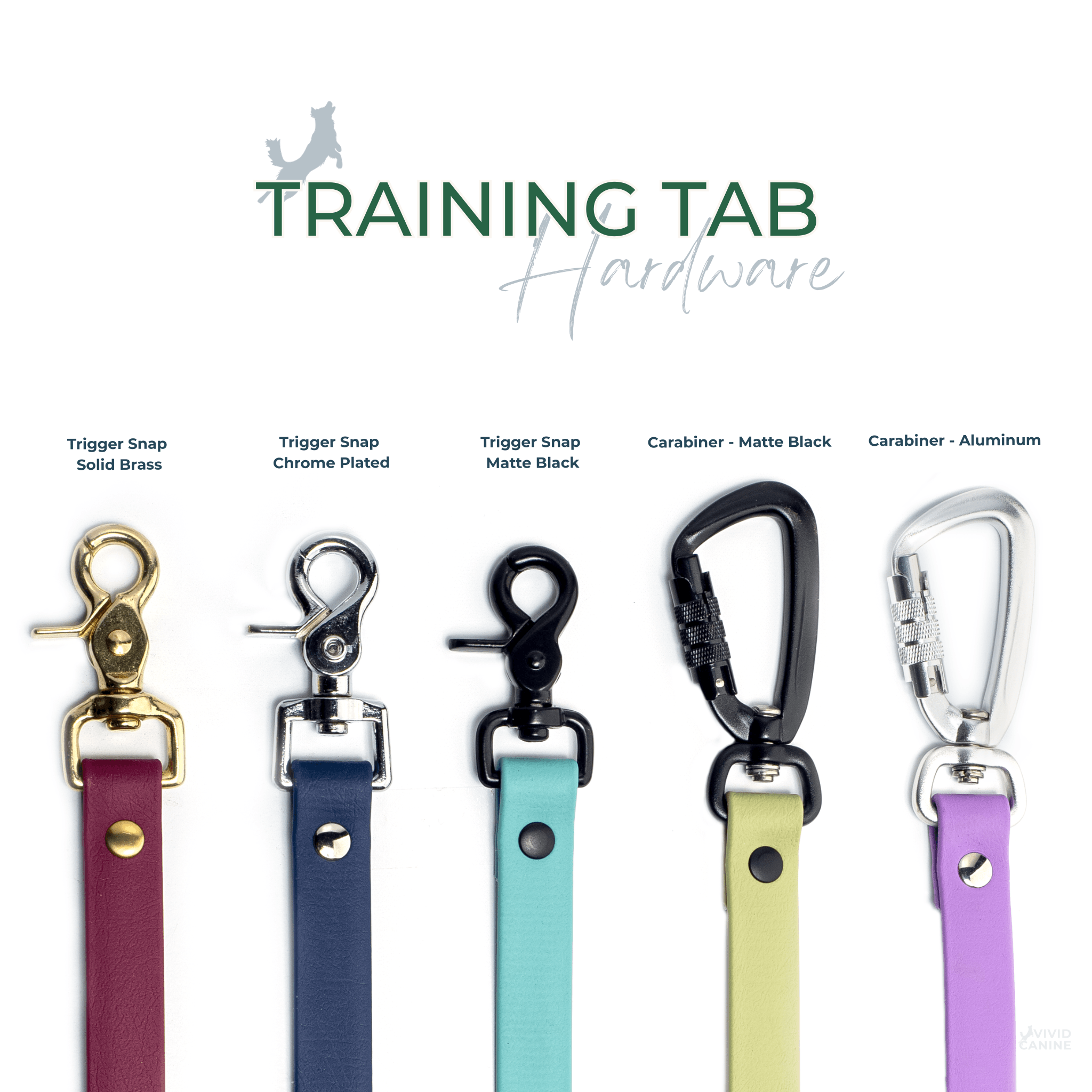 Vivid Canine BioThane® color chart showing all available color options for BioThane® Gear