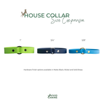 three different colored dog collars, each with a different size comparison.