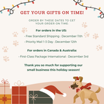 The image is a promotional graphic for a holiday gift order, featuring a dog wearing a Santa hat and a Christmas tree with presents. The text on the image provides details about the gift order process, including shipping options and priority mail dates.