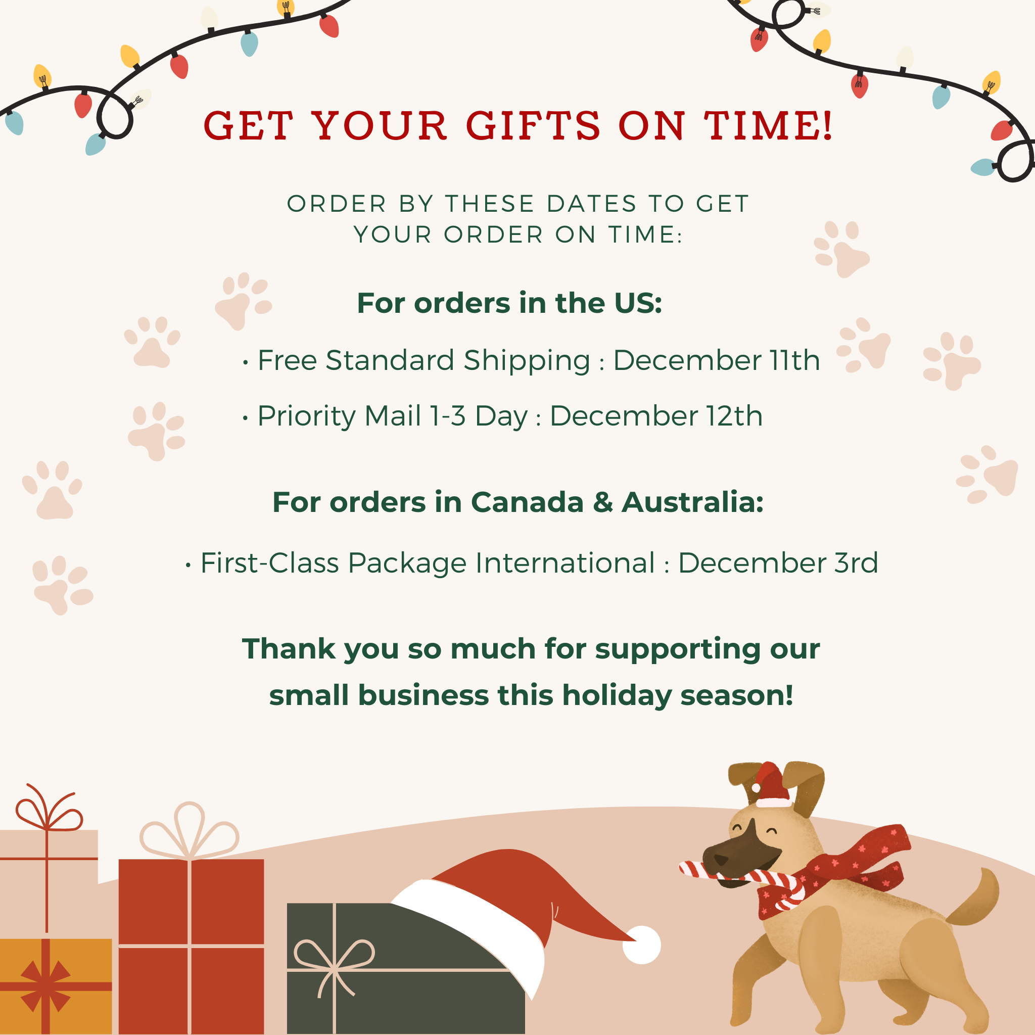 The image is a promotional graphic for a holiday gift order, featuring a dog wearing a Santa hat and a Christmas tree with presents. The text on the image provides details about the gift order process, including shipping options and priority mail dates.