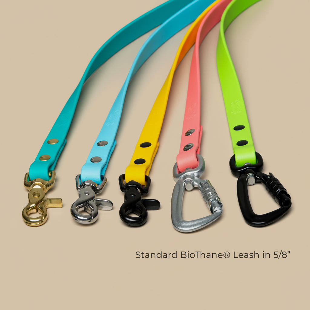 Waterproof BioThane standard leashes in teal, sky blue, yellow, coral, and lime with brass, chrome, and matte black hardware
