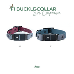 two different colored dog collars, one burgundy and one blue, with a size comparison chart below them.