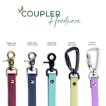 a collection of five different types of dog leashes, each with a unique color and design, arranged in a row.