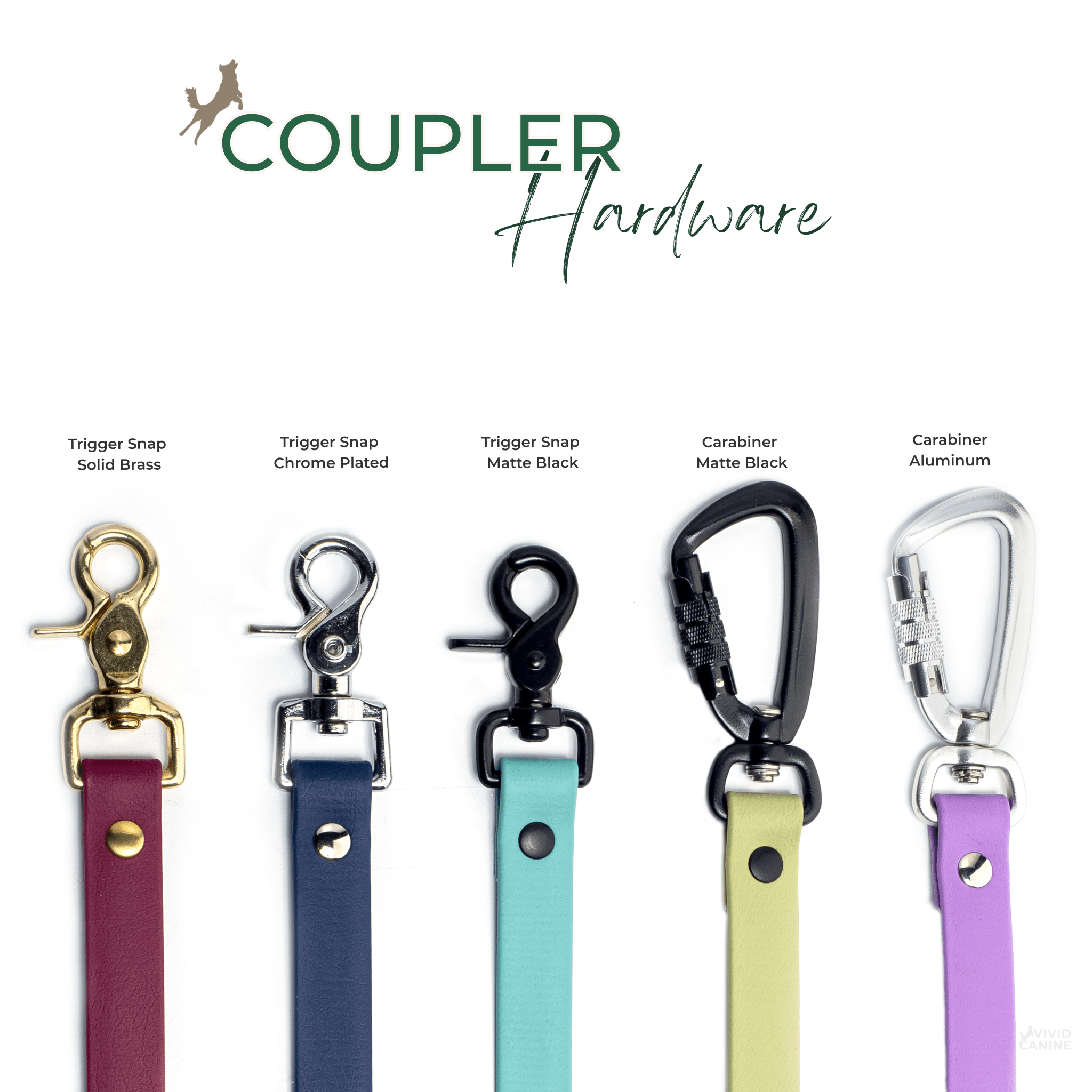 a collection of five different types of dog leashes, each with a unique color and design, arranged in a row.