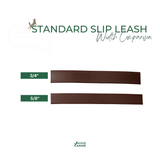 Comparison of BioThane standard slip leash  widths with a measuring tape on a white background