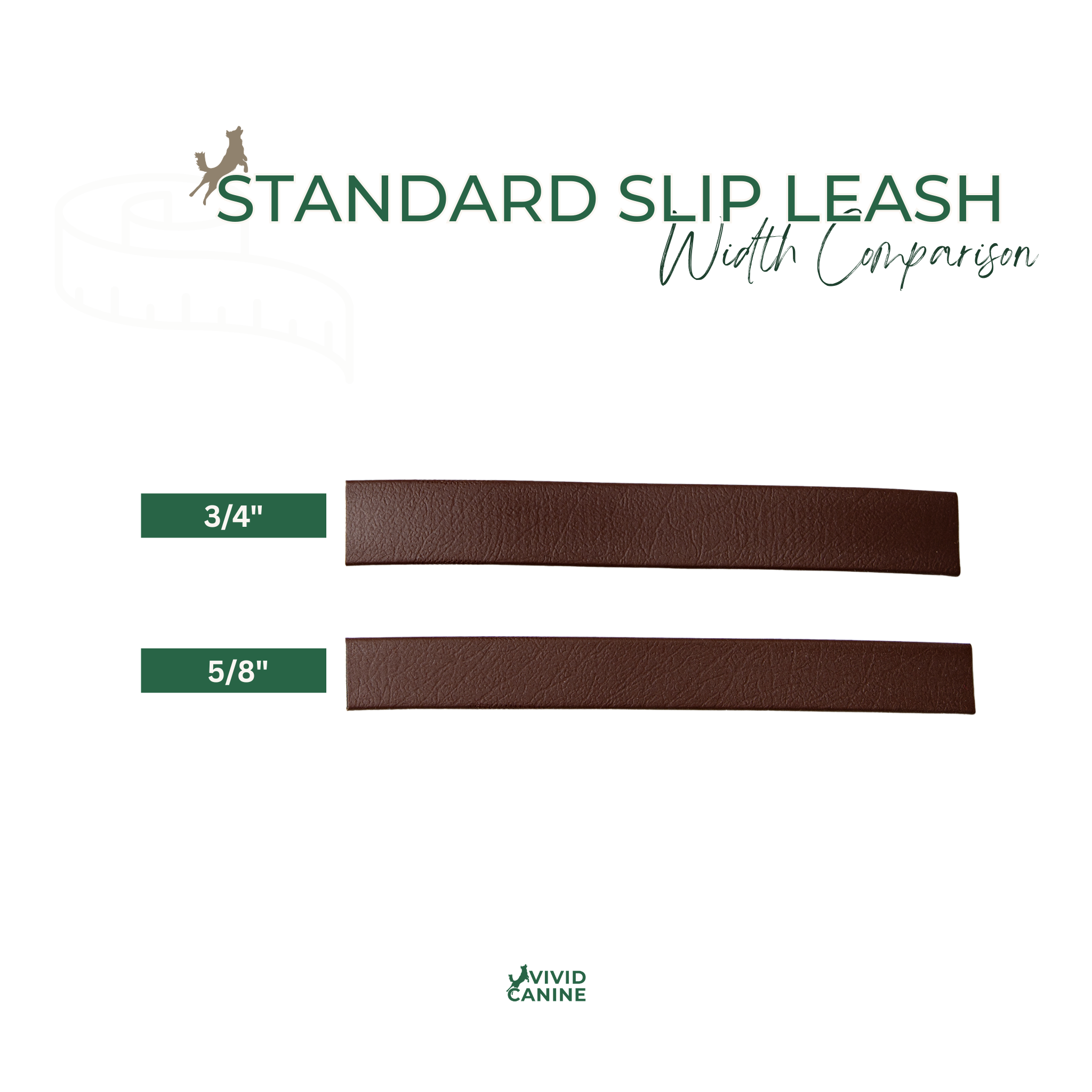 Comparison of BioThane standard slip leash  widths with a measuring tape on a white background