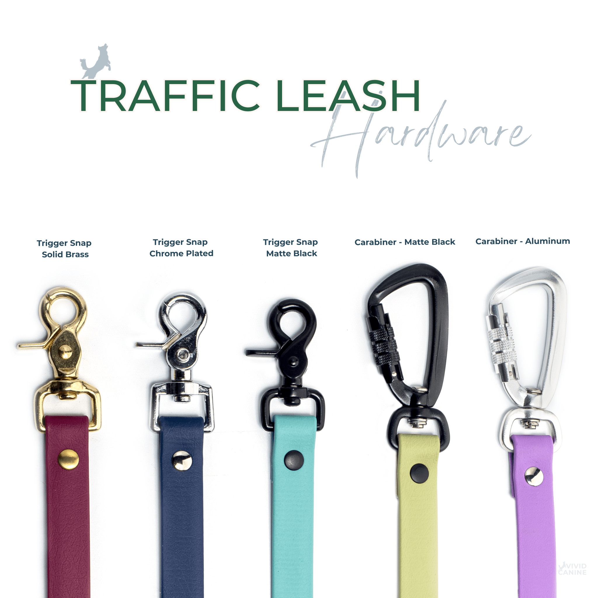 Vivid Canine BioThane® color chart showing all available color options for BioThane® Gear