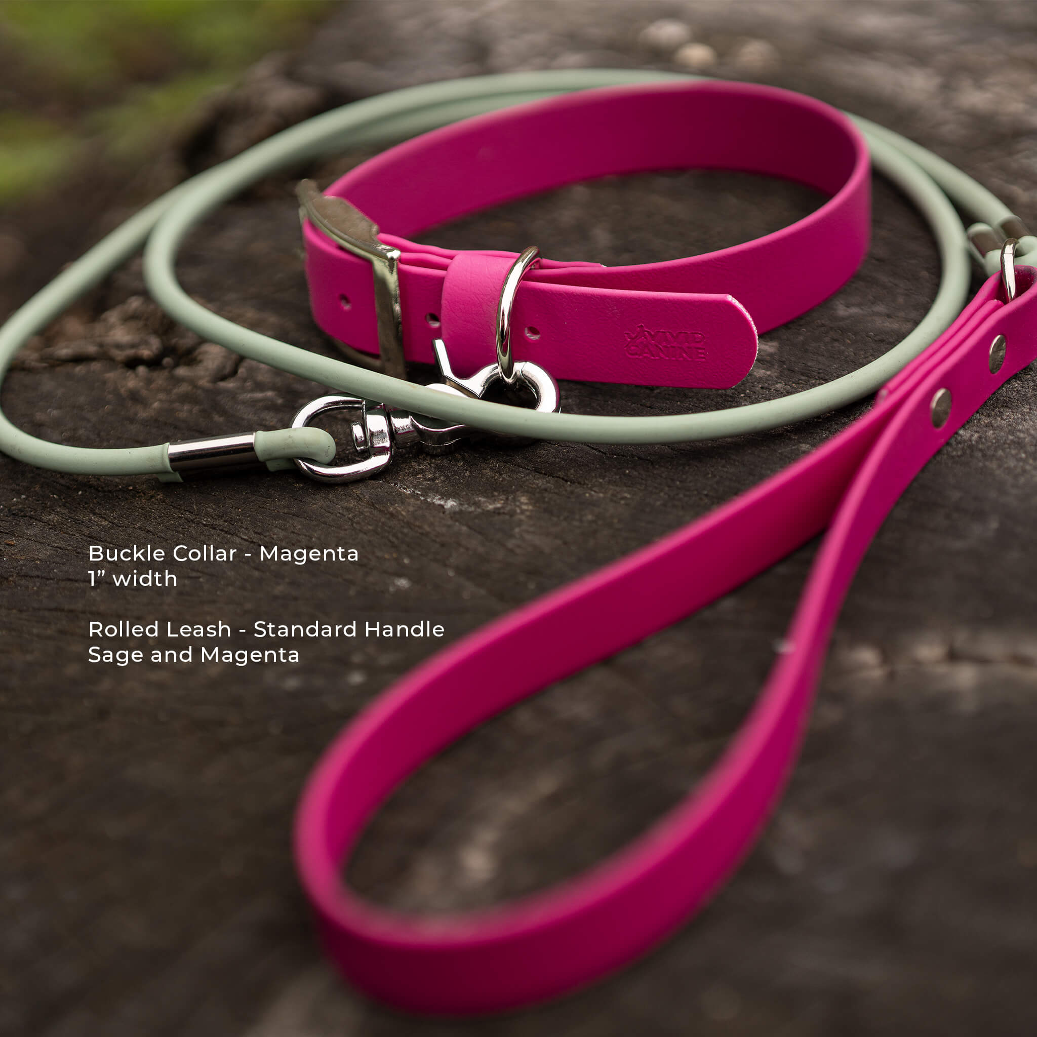 A biothane dog collar and matching rolled leash displayed on a dark textured surface. The collar is bright magenta, and the leash is a pale sage green with a silver metal snap hook.