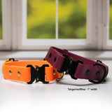 Two Biothane fi-compatible quick-release dog collars, one tangerine and one wine in color, on a light surface with a blurred window background.