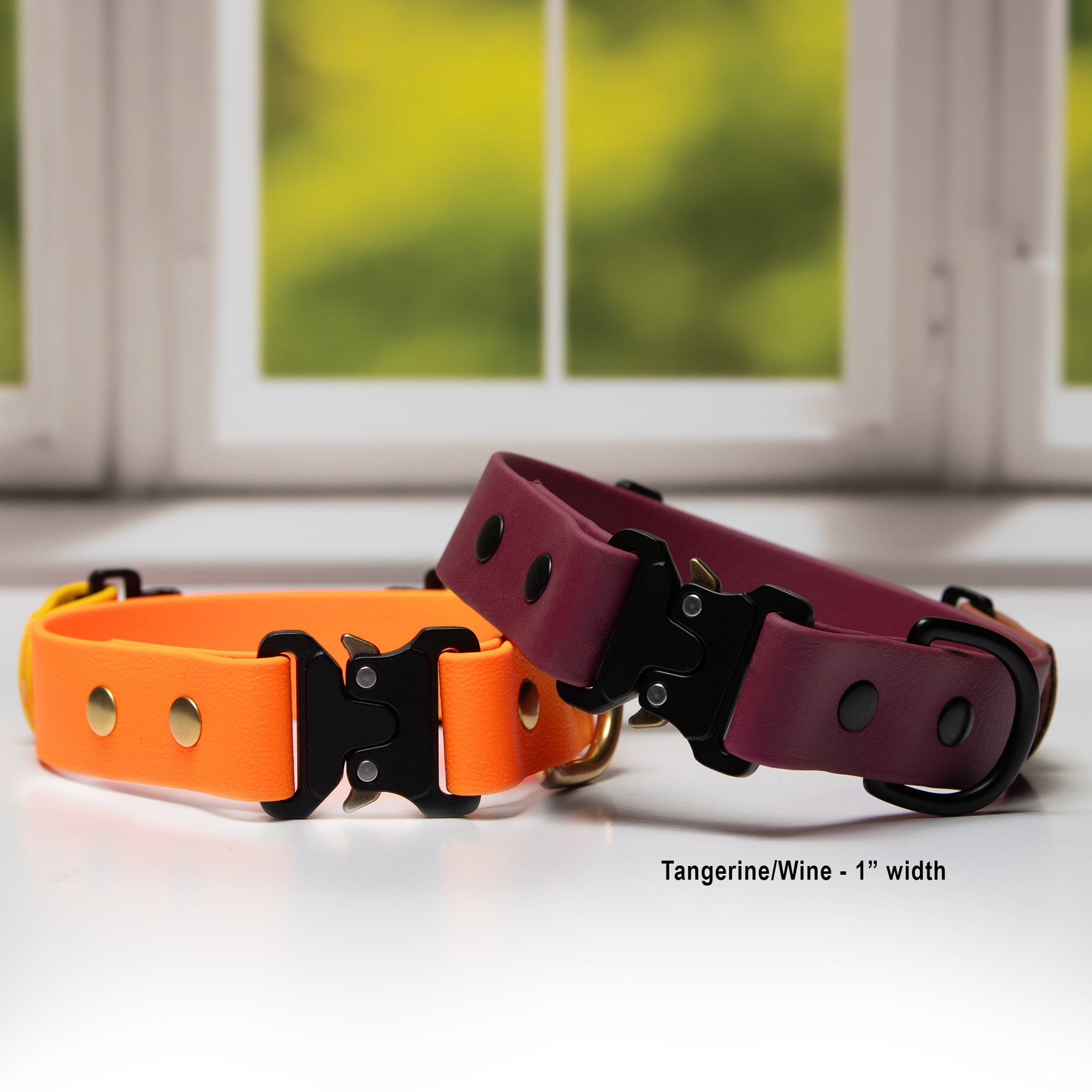 Two Biothane fi-compatible quick-release dog collars, one tangerine and one wine in color, on a light surface with a blurred window background.