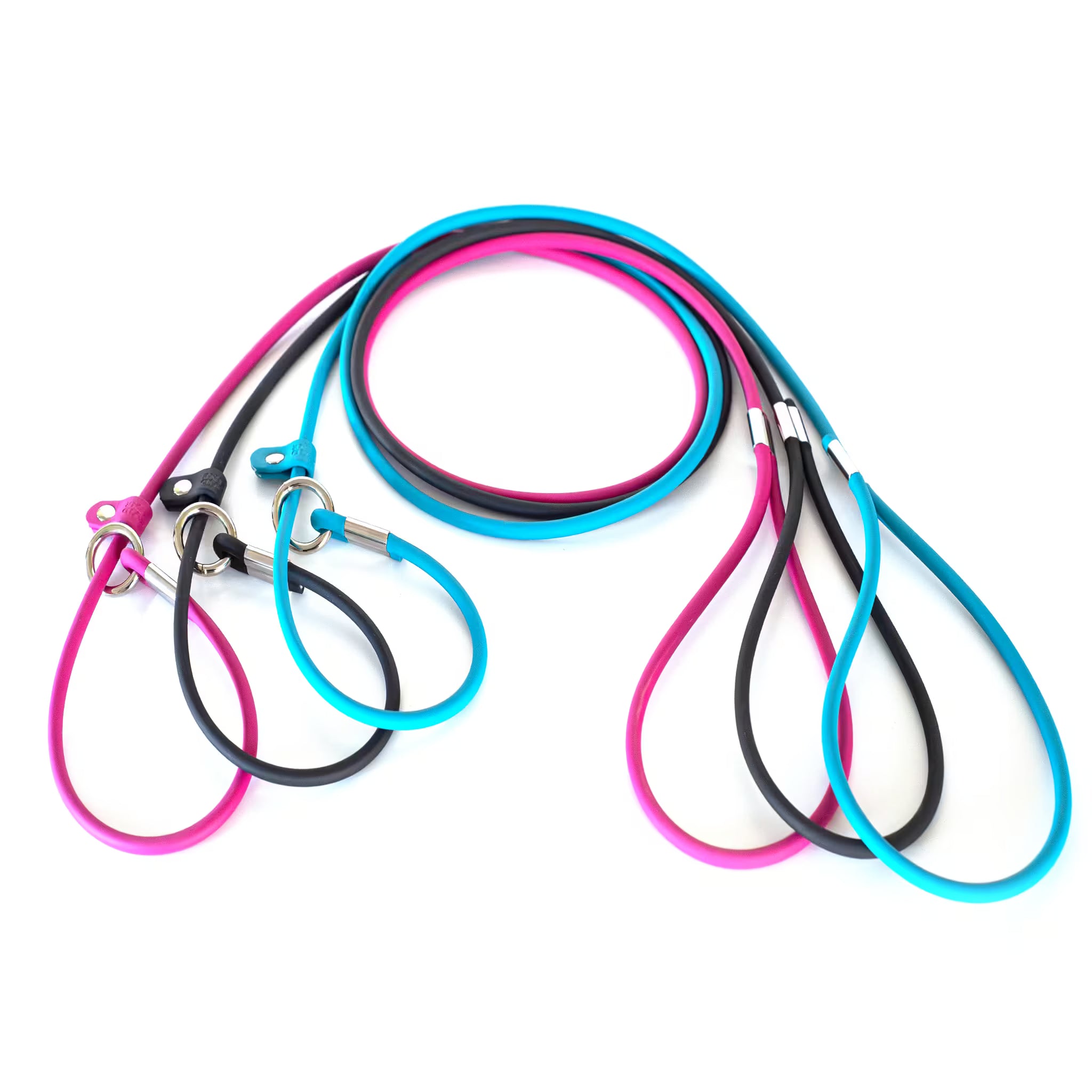 Set of 3 BioThane rolled slip leads with silver hardware in magenta, black, and sky blue