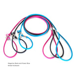 Set of 3 BioThane rolled slip leads with silver hardware in magenta, black, and ocean blue