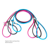 Set of 3 BioThane rolled slip leads with silver hardware in magenta, black, and ocean blue