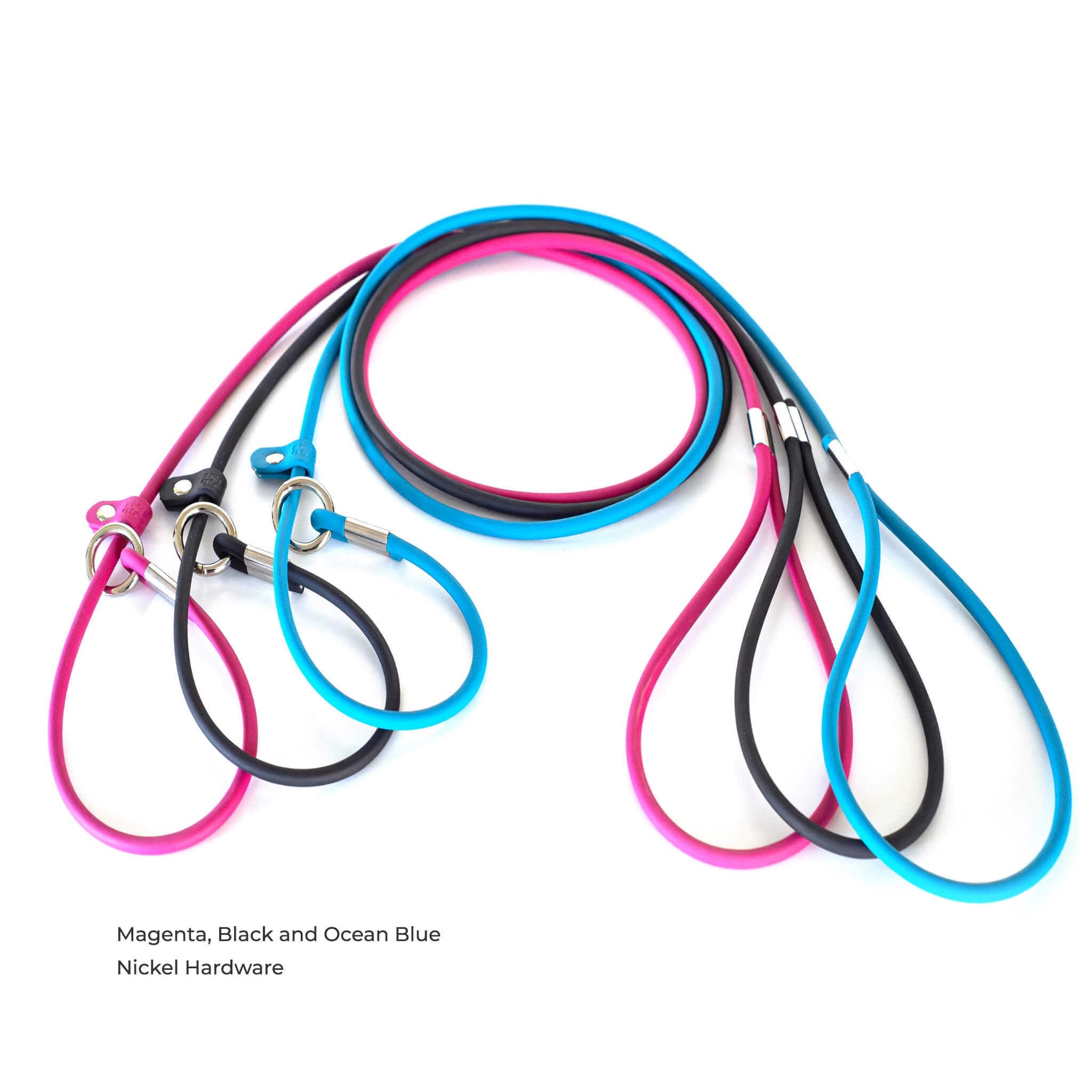 Set of 3 BioThane rolled slip leads with silver hardware in magenta, black, and ocean blue