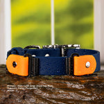 A BioThane deep sea blue water-resistant buckle collar with tangarine colored accents and silver hardware, shown on a wet log with a blurred green background. Text at the bottom reads: 'Primary - Main Collar Color (Deep Sea Blue) Flapless Pieces (Tangerine) Width - 1.