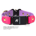 Amethyst and passion fruit-compatible quick-release dog collar with brass hardware, featuring a black 'fi' GPS on a white background.