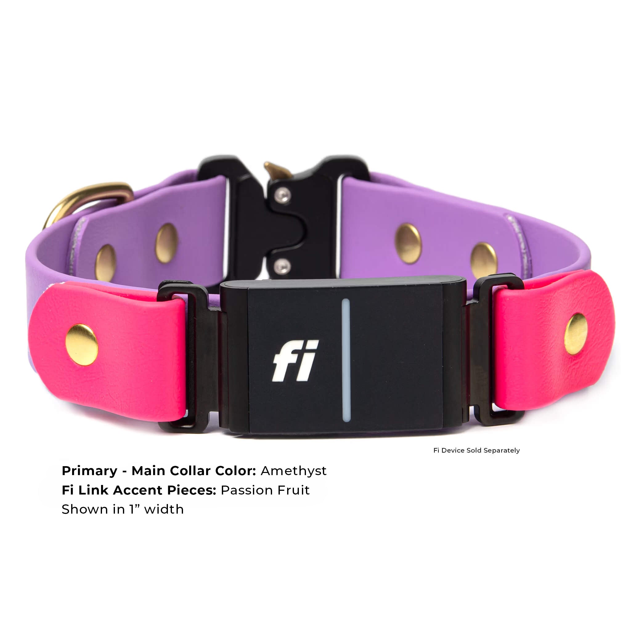 Amethyst and passion fruit-compatible quick-release dog collar with brass hardware, featuring a black 'fi' GPS on a white background.