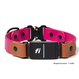Fi Series 3/3+ BioThane quick-release collar with Fi device in magenta and caramel, 1" width, matte black hardware, white background