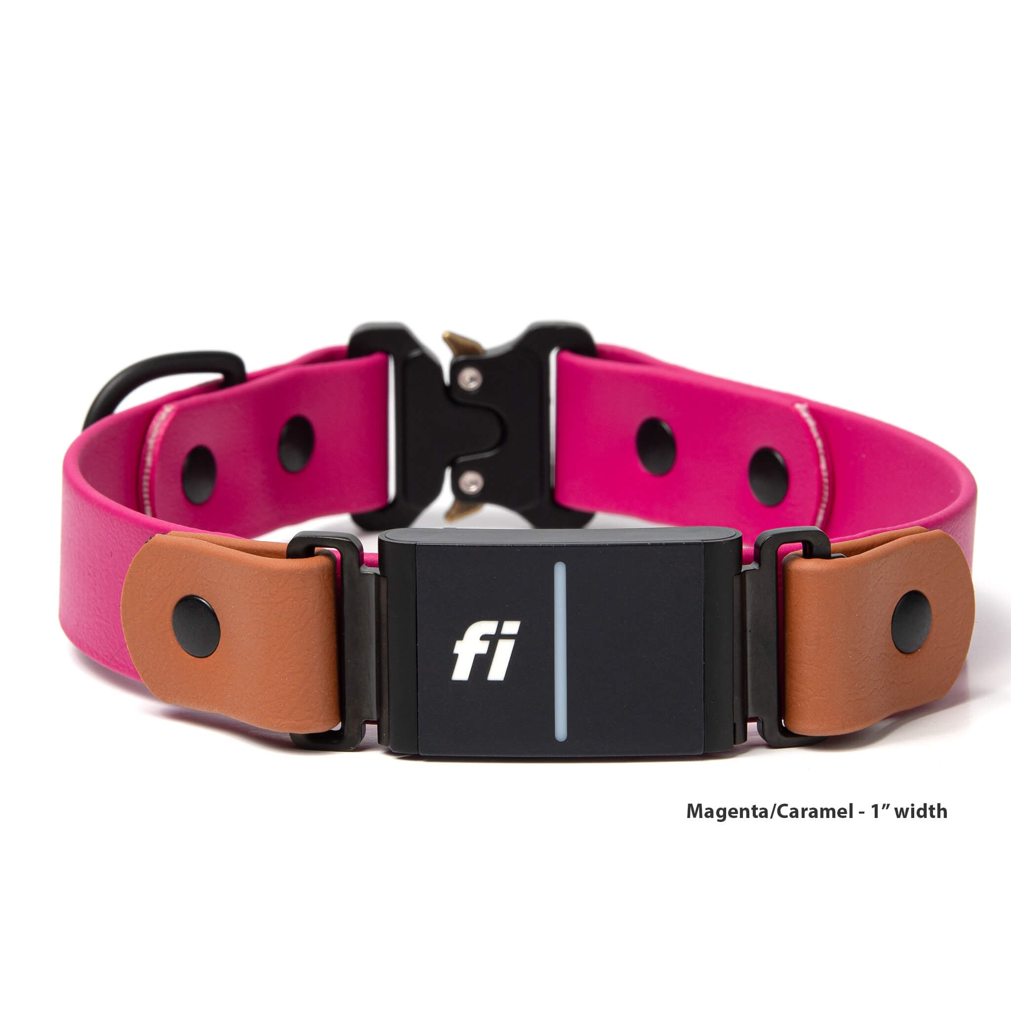 Fi Series 3/3+ BioThane quick-release collar with Fi device in magenta and caramel, 1" width, matte black hardware, white background