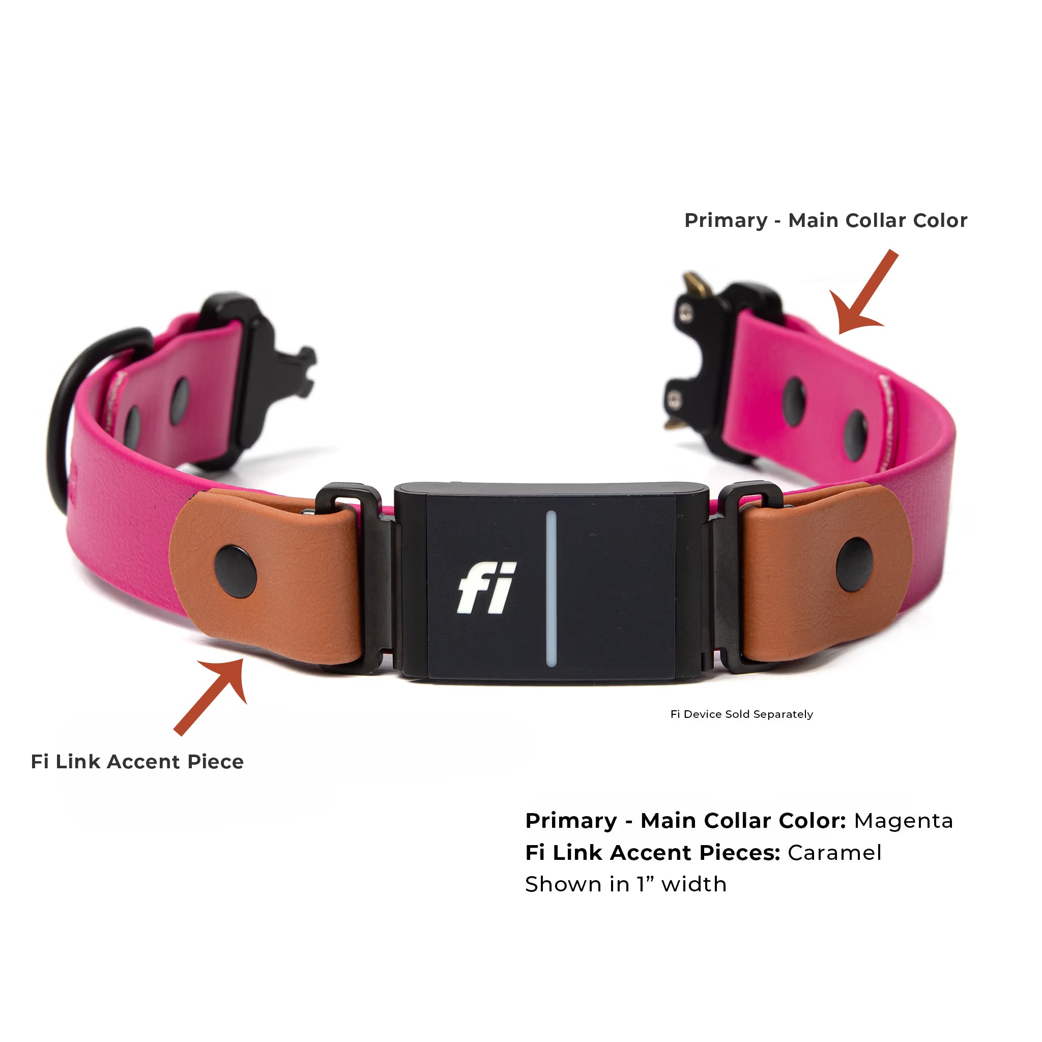 Fi Series 3/3+ BioThane quick-release collar in magenta and caramel with matte black hardware showing collar open, Fi device sold separately