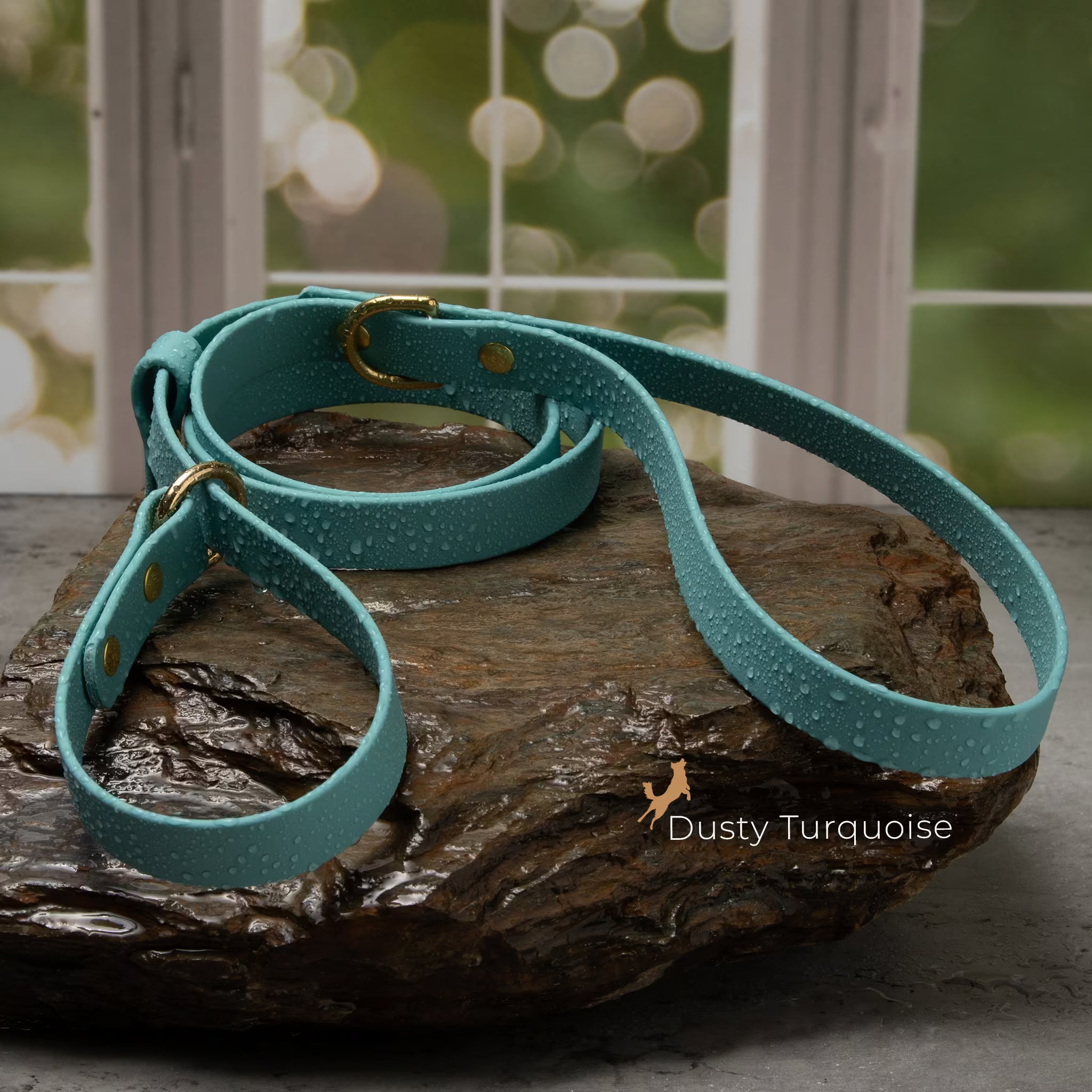 BioThane slip dog leash in Dusty Turquoise color demonstrating adjustable loop design