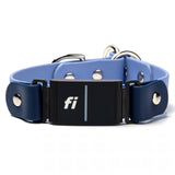 Blue dog collar with a black buckle featuring the 'fi' logo on a white background