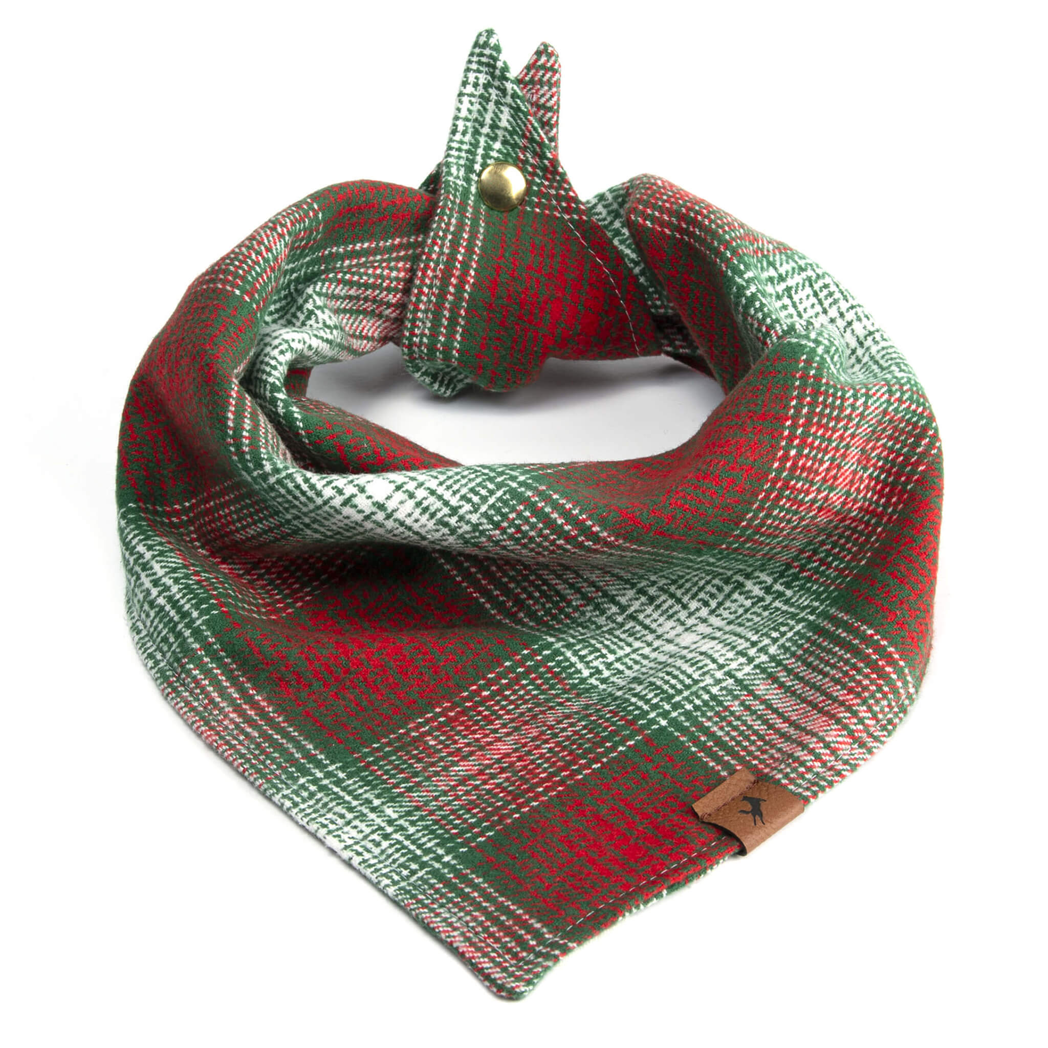 Vivid Canine Blurred Red Plaid dog bandana on a white background with top-stitching and faux leather label.