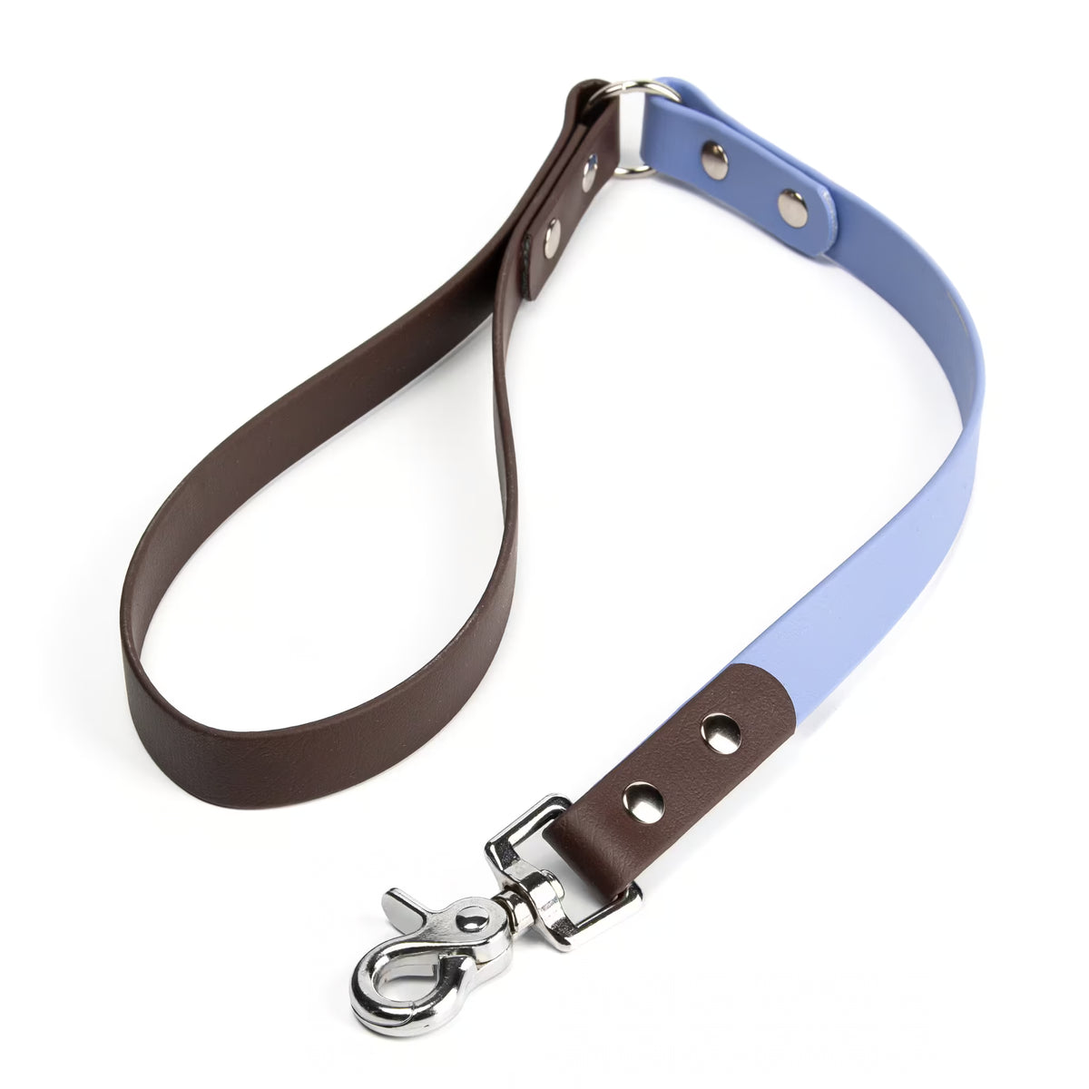 Two-Tone Biothane traffic leash in periwinkle and espresso with nickel-plated hardware and chrome-plated trigger snap on a white background