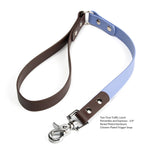 Two-Tone Biothane traffic leash in periwinkle and espresso with nickel-plated hardware and chrome-plated trigger snap with product details on a white background