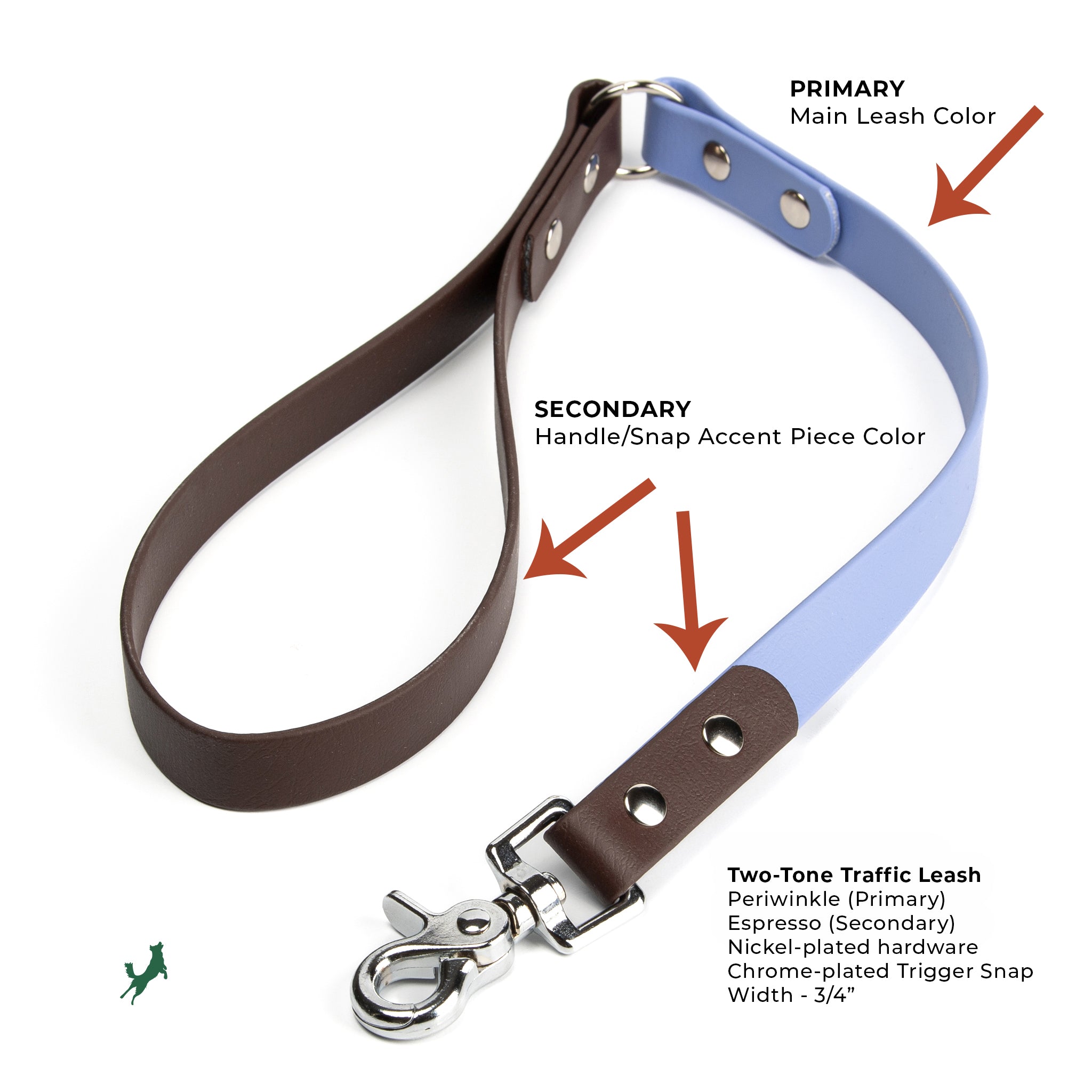 Two-Tone Biothane traffic leash in periwinkle and espresso with nickel-plated hardware and chrome-plated trigger snap with product details on a white background