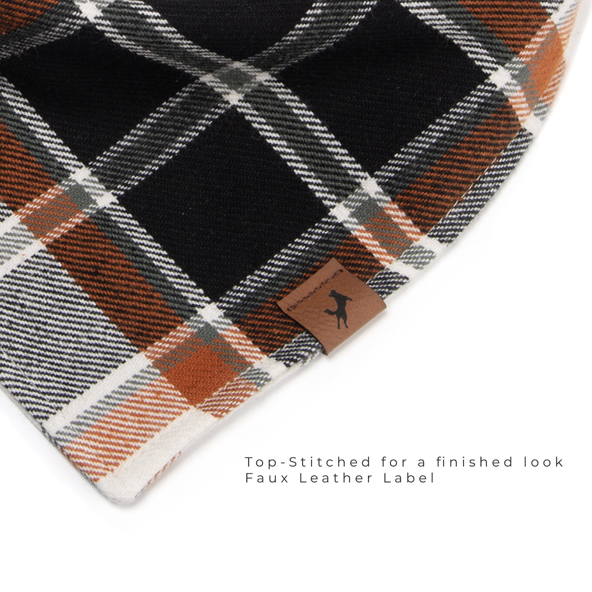 Vivid Canine Copper Plaid dog bandana in brown, white and black plaid up-close view on a white background