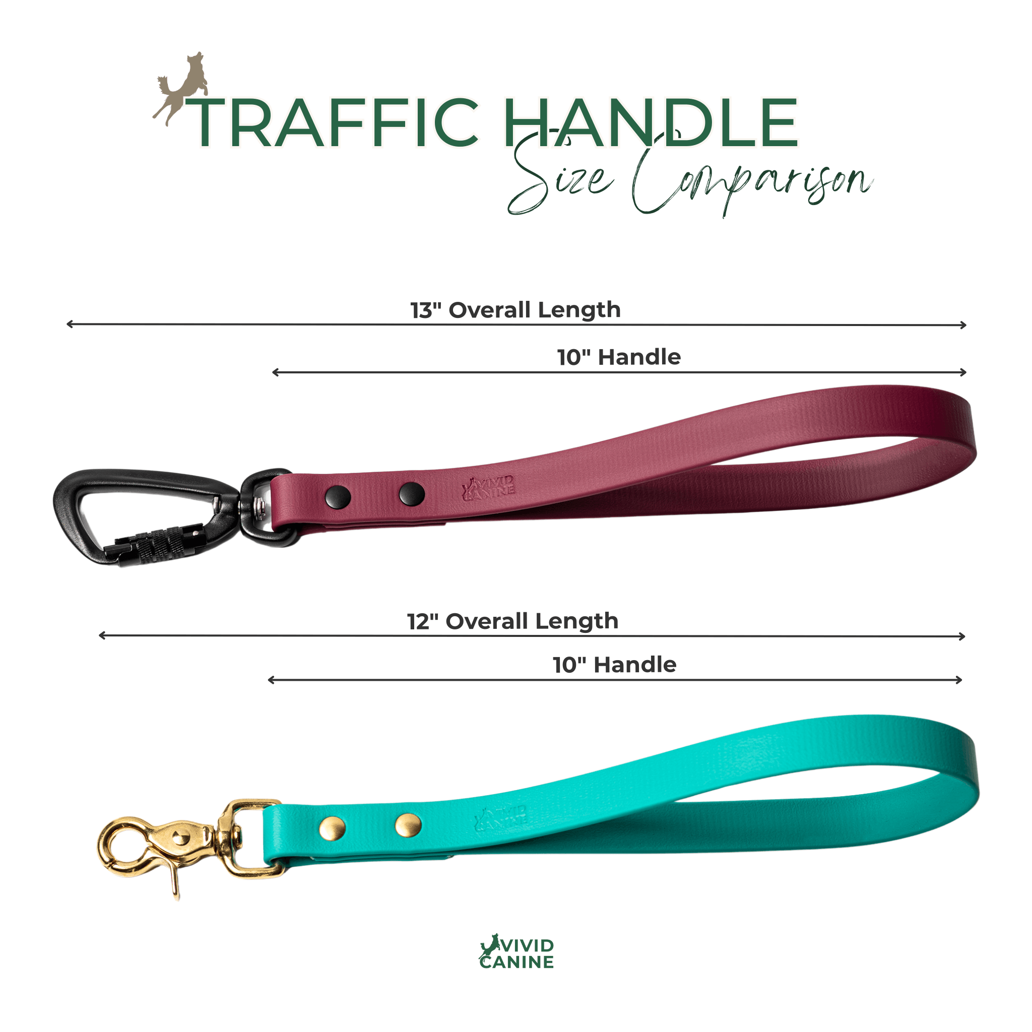 two different types of dog leashes, one in maroon and the other in turquoise, with size comparison information provided.