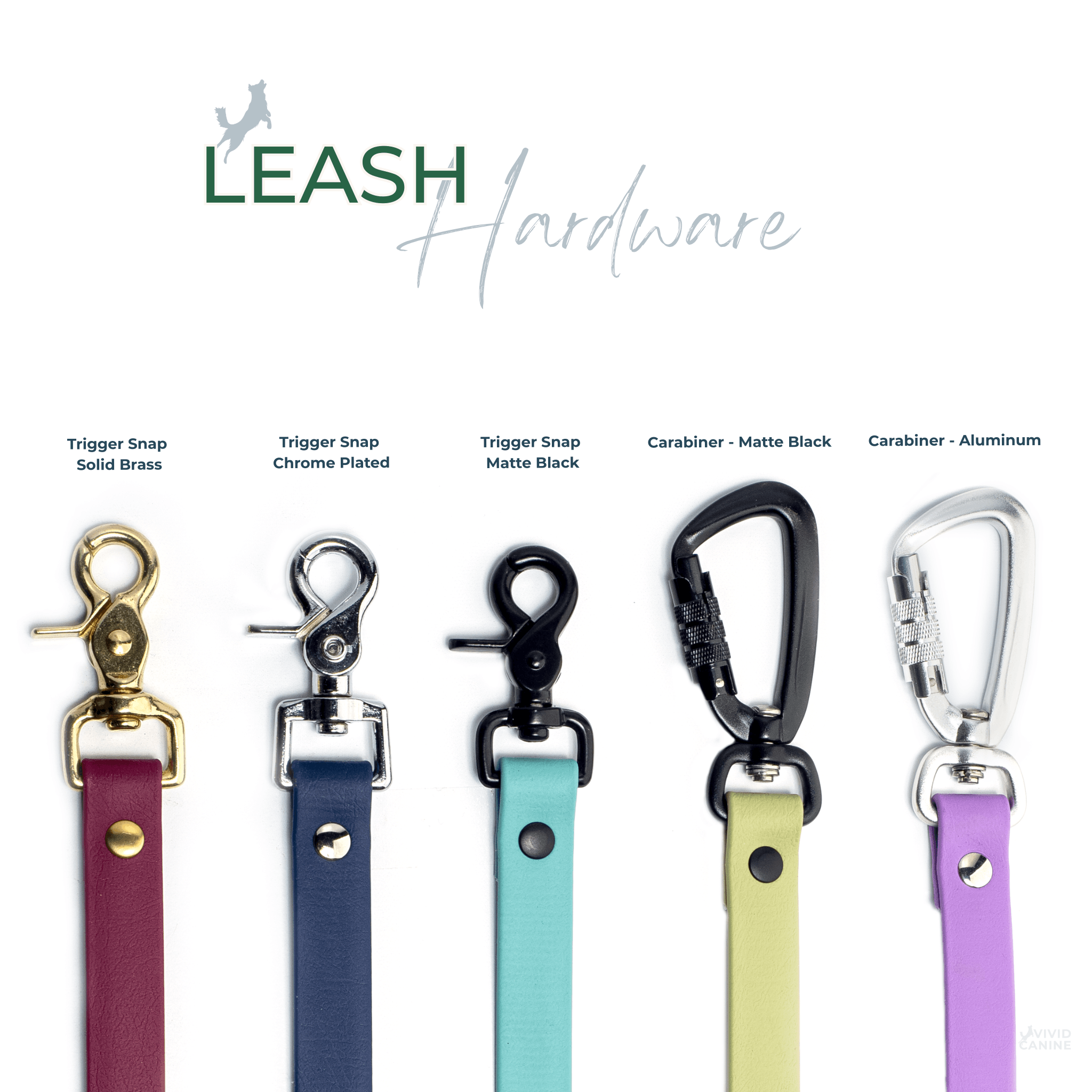 BioThane waterproof dog leash hardware options and clip styles - Vivid Canine