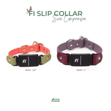 two different colored slip collars for dogs, one red and one purple, with size comparison information provided.