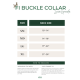 The image is a size guide for the FI Buckle Collar, which is a collar for dogs. It provides measurements for different neck sizes, ranging from 10" to 26" and 17" to 21" in inches. The guide also explains how to measure the neck of a dog using the collar, ensuring that the collar is fitted properly and comfortably.