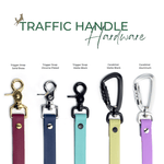a collection of five different types of traffic handle hardware, including trigger snaps, chrome plated solid brass, matte black, carabiner, and carabiner aluminum.