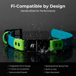 Fi compatible inline buckle collar on a dark surface with water droplets with product callouts