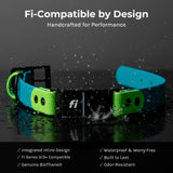 Fi compatible inline buckle collar on a dark surface with water droplets with product callouts