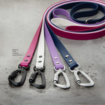 Four BioThane® dog leashes with aluminum carabiner hardware in matte black and silver with leash colors listed and shown on a grey cement background.