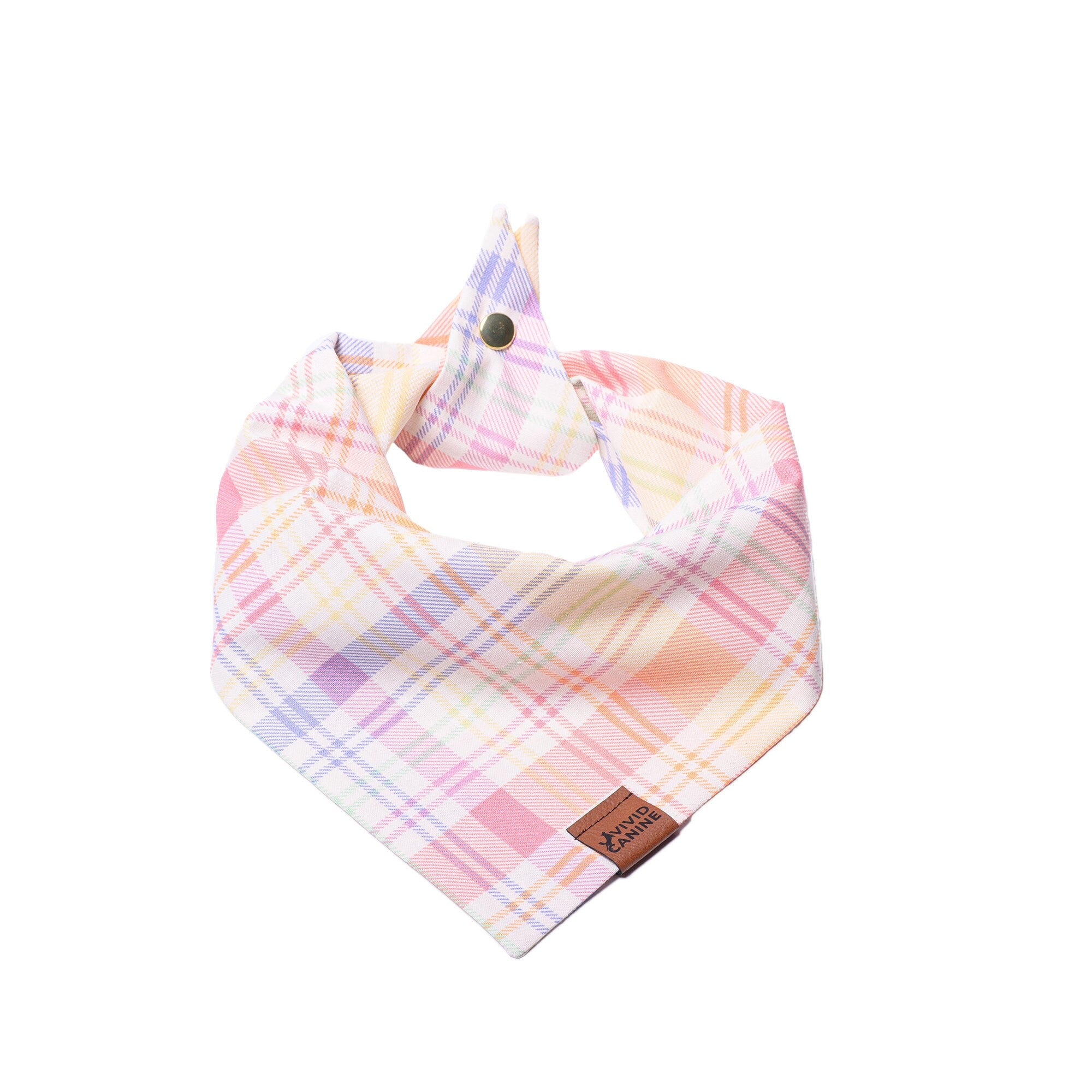 pastel plaid snap on dog bandana with light blue, light pink and light yellow colors