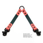 Emerald and coral BioThane waterproof coupler with matte black hardware and matte black trigger snap with product details on a white background