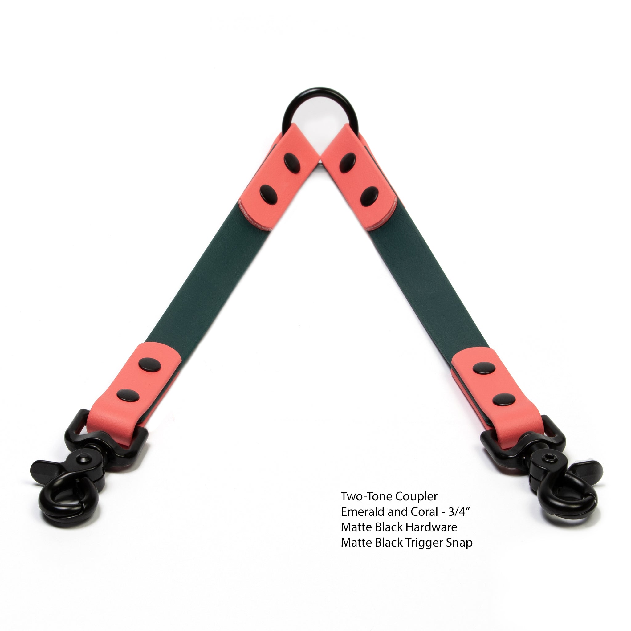Emerald and coral BioThane waterproof coupler with matte black hardware and matte black trigger snap with product details on a white background