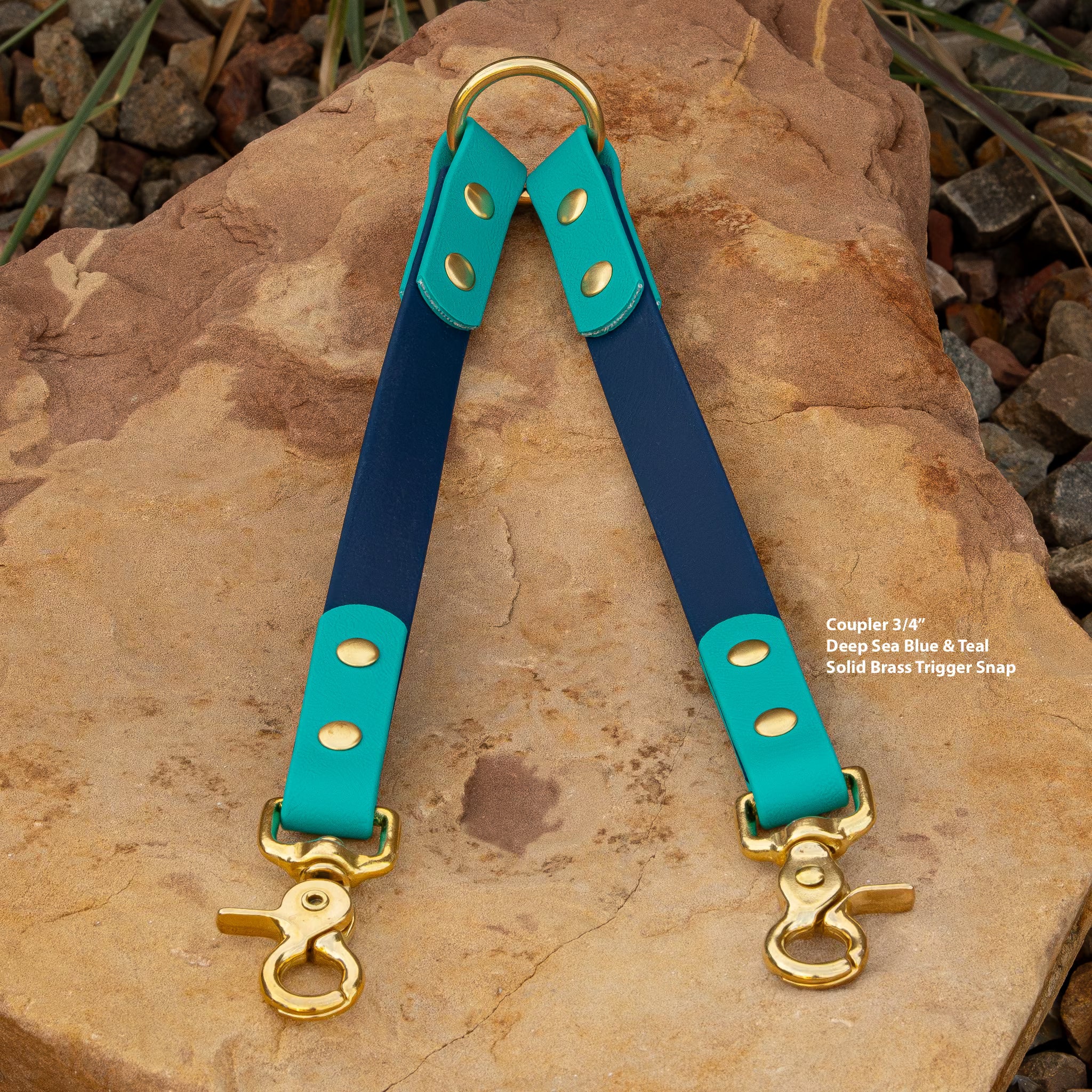 deep sea blue and teal BioThane waterproof couple with solid brass hardware