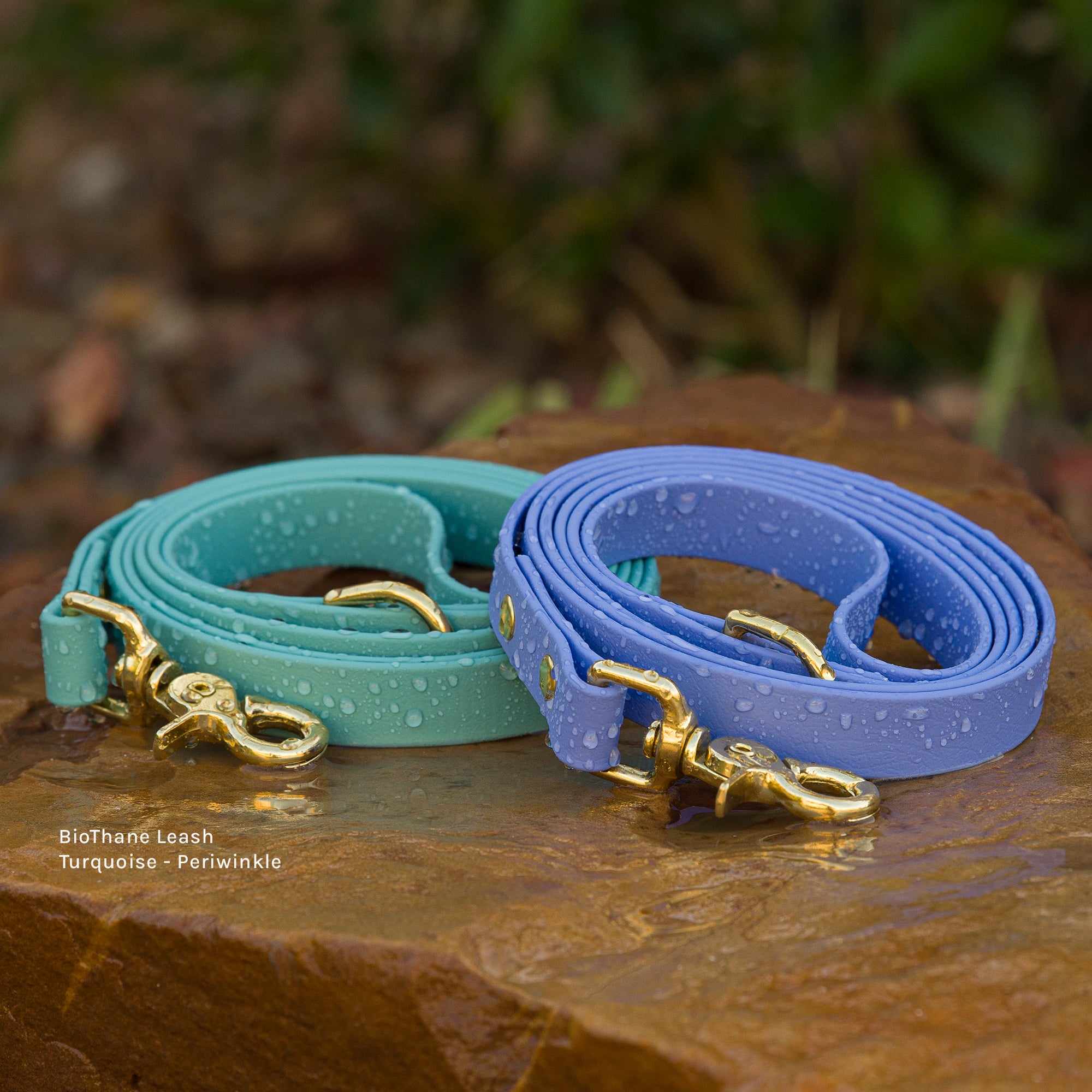 Waterproof BioThane standard leash in periwinkle and turquoise with trigger snap hardware