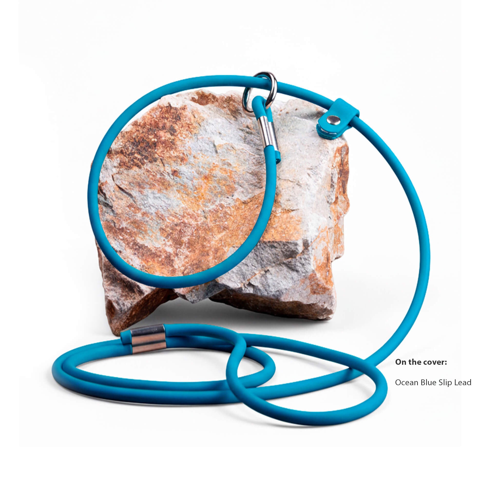 Ocean blue slip lead with silver hardware, lying on a rock on a white background, with product description